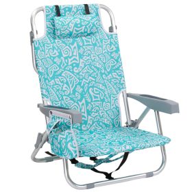 Aluminum Beach Chair – 5-Position Folding Chair with Headrest & Shoulder Strap (Teal Tribal Pattern)