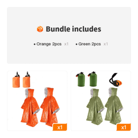 Emergency Blanket Poncho (Color: Orange 2pcs+Green 2pcs)