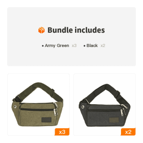 Unisex Multifunctional Canvas Waist Bag (Color: Army Green*3+Black*2)