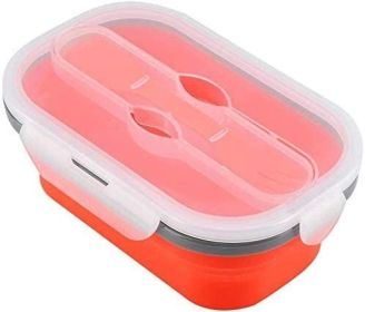 Lunch Box Collapsible Silicone Food Storage with Fork/Spoon (Color: Red)
