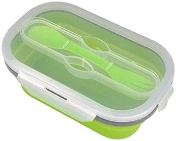 Lunch Box Collapsible Silicone Food Storage with Fork/Spoon (Color: Green)