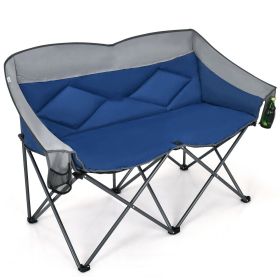 Folding Camping Chair with Bags and Padded Backrest – 500 lbs Capacity Double Seat (Color: Blue)