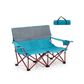 Oversized Camping Chair - Folding Loveseat Camping Couch with Cup Holders & Thick Padding (Color: Navy Blue)